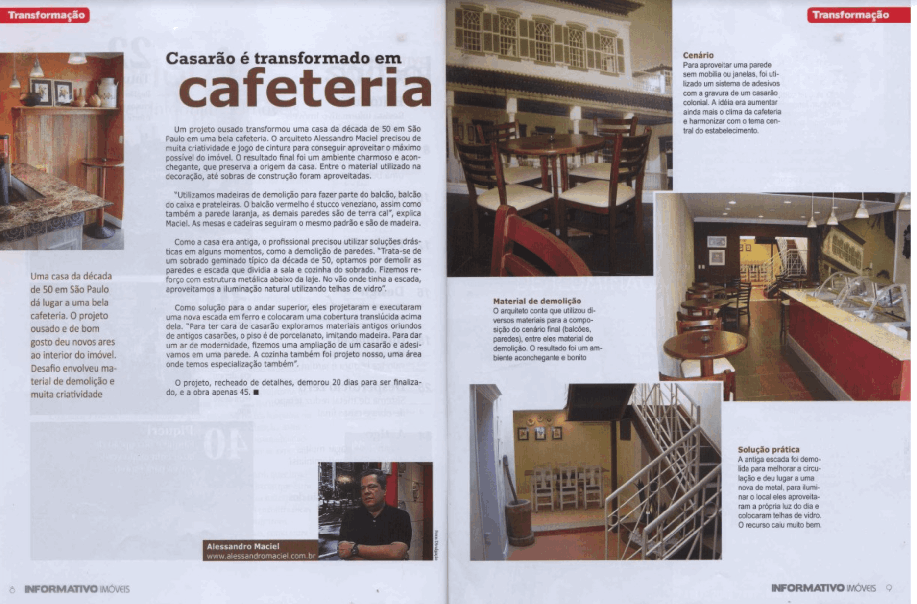 Páginas do Informativo Imóveis com matéria sobre um casarão transformado em cafeteria