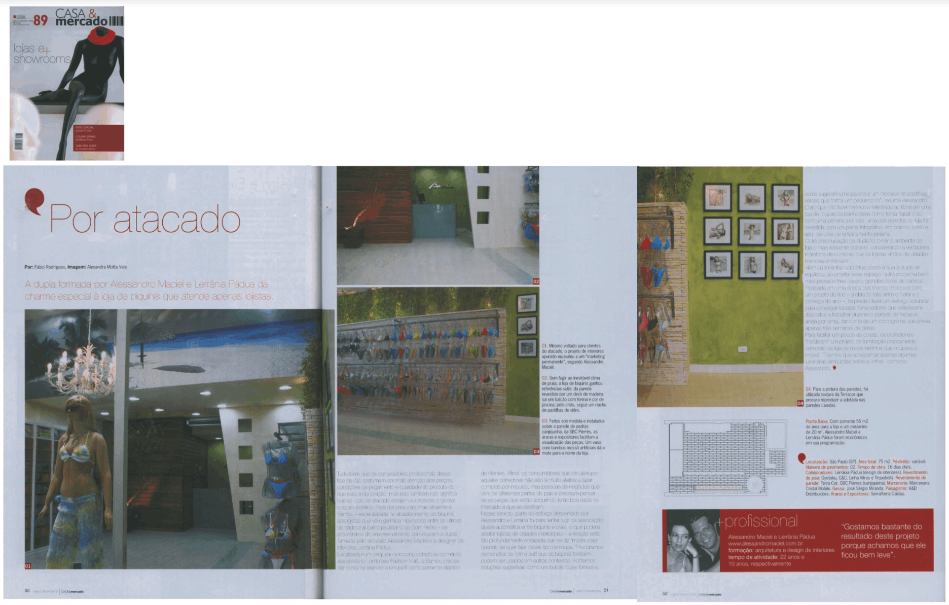 Páginas da revista Casa & Mercado com a matéria Por atacado sobre uma loja de biquínis